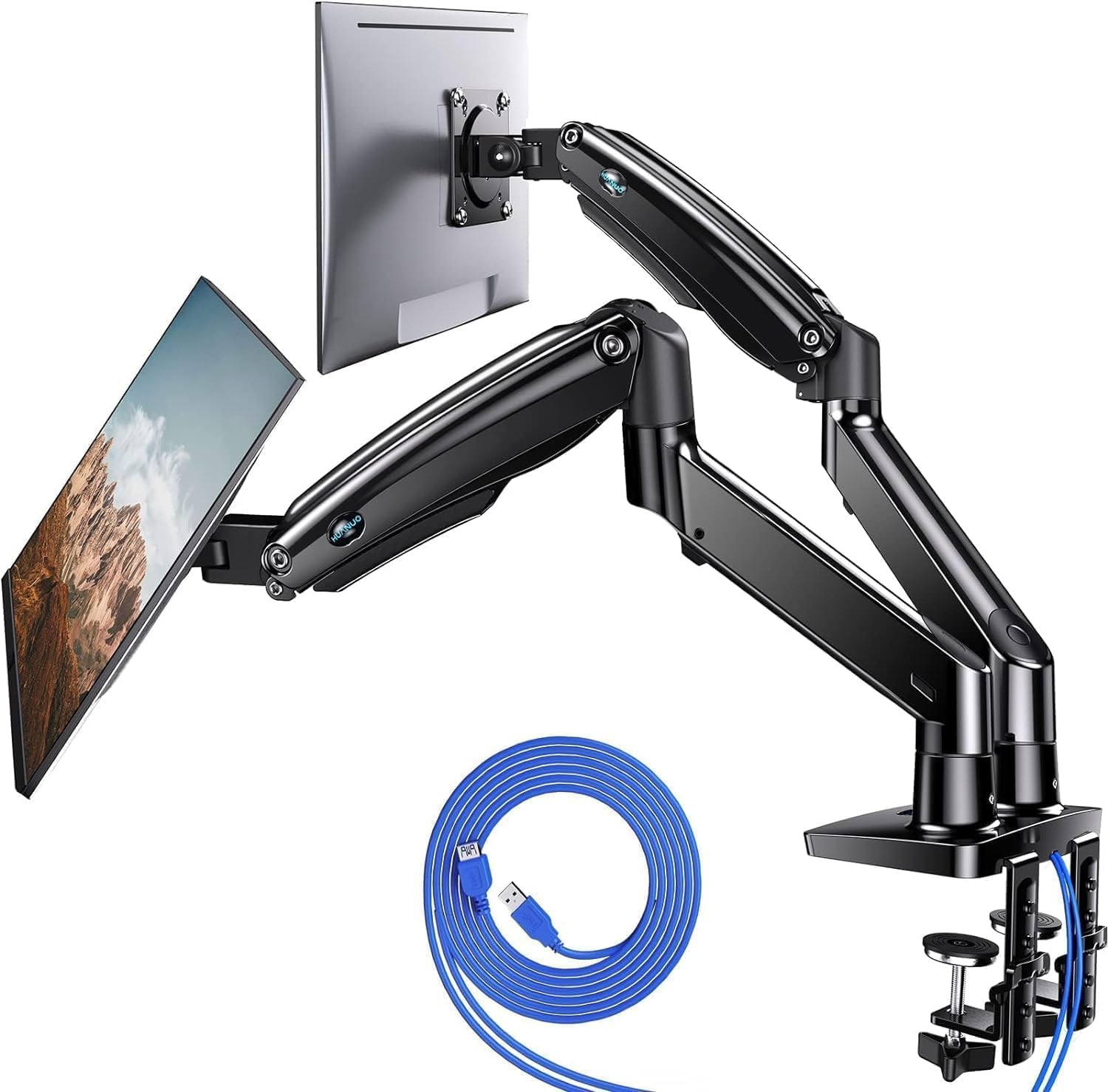 HUANUO Dual Monitor Stand for 13″, 40″, Premium Dual Monitor Mount with USB, Height Adjustable Monitor Stand for 2 Monitors, VESA Mount with Clamp/Grommet Base, Holds 26.4lbs per Arm, HNDS7