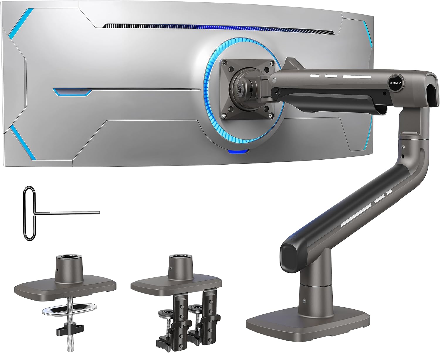 HUANUO TitanLift heavy duty aluminum monitor arm for screens up to 49 inches, holds 44 pounds, dual C-clamp desk mount